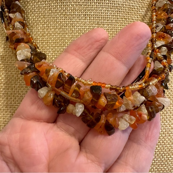 Multi-color Genuine Gemstone & Glass Bead Necklace multistrand, quartz carnelian - Picture 7 of 11